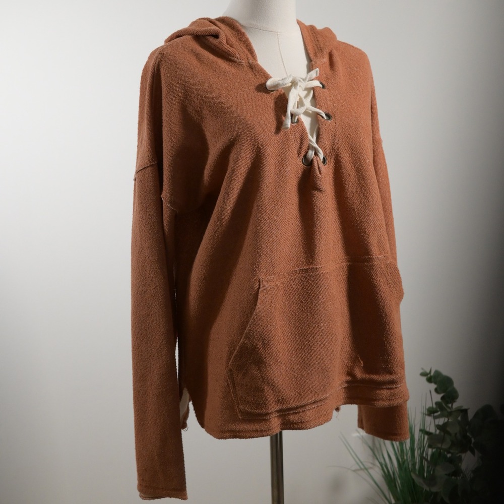 Rip Curl Womens Lace Up Hoodie Orange Terry Knit Pullover Size M